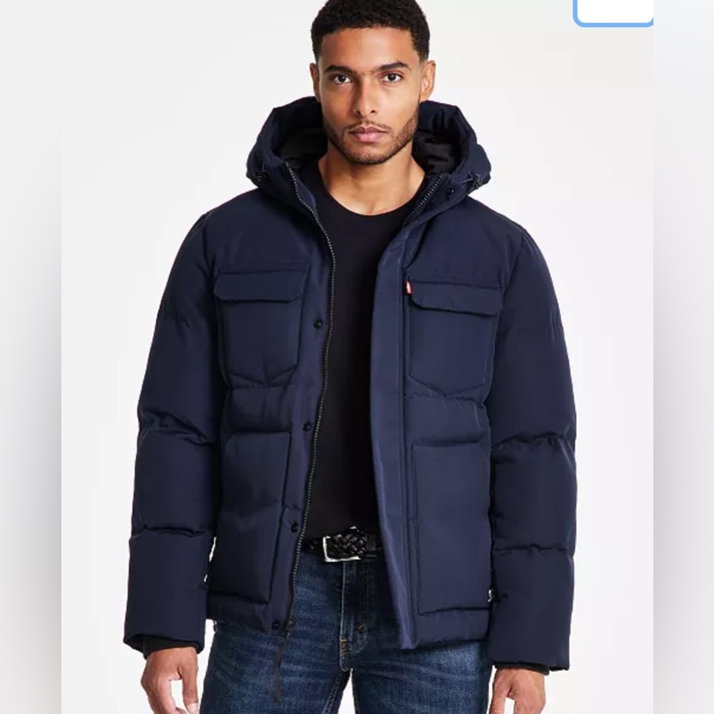 NWOT Levi’s Men's Quilted Hooded Puffer Jacket Winter Navy Blue Size L